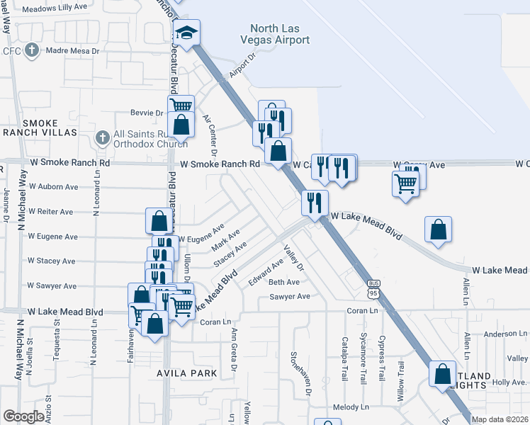 map of restaurants, bars, coffee shops, grocery stores, and more near 2236 Valley Drive in Las Vegas