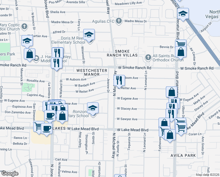 map of restaurants, bars, coffee shops, grocery stores, and more near 2305 Michael Way in Las Vegas