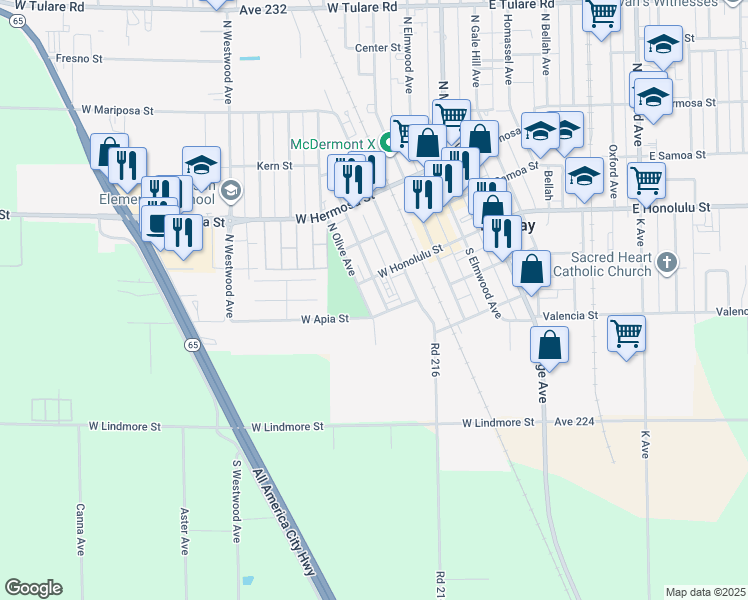 map of restaurants, bars, coffee shops, grocery stores, and more near 426 West Honolulu Street in Lindsay