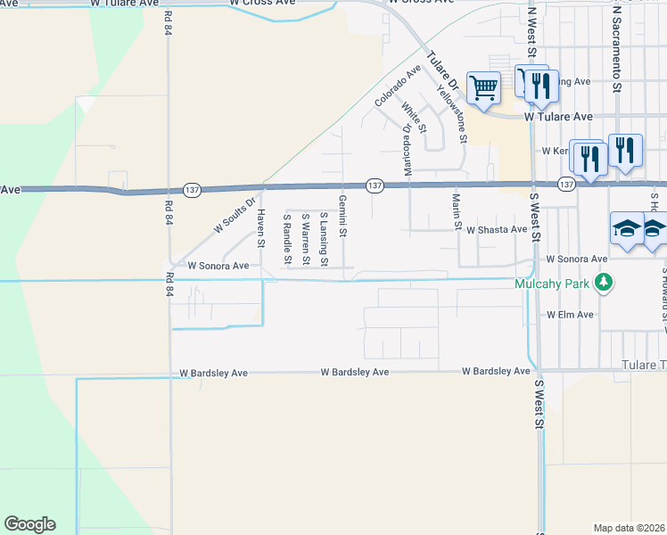 map of restaurants, bars, coffee shops, grocery stores, and more near 401-599 Gemini Avenue in Tulare
