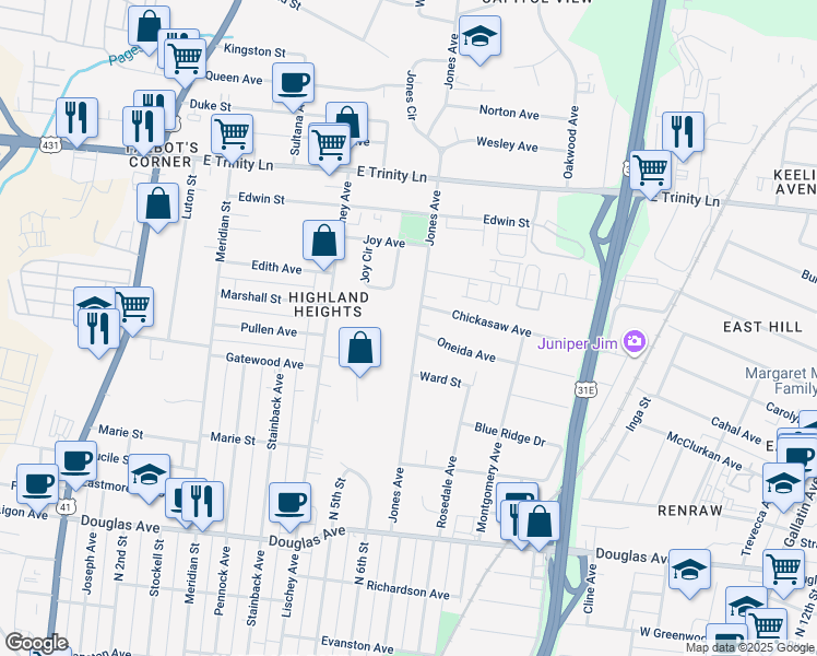 map of restaurants, bars, coffee shops, grocery stores, and more near 1514 Jones Avenue in Nashville