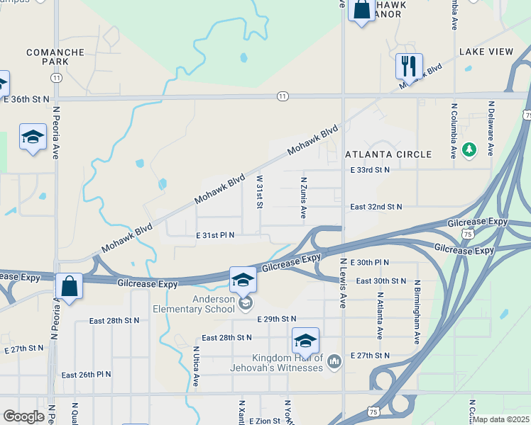 map of restaurants, bars, coffee shops, grocery stores, and more near 2101 East 32nd Street North in Tulsa