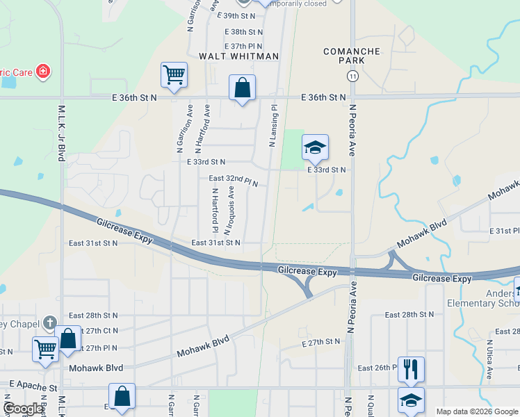 map of restaurants, bars, coffee shops, grocery stores, and more near 3169 North Kenosha Avenue in Tulsa