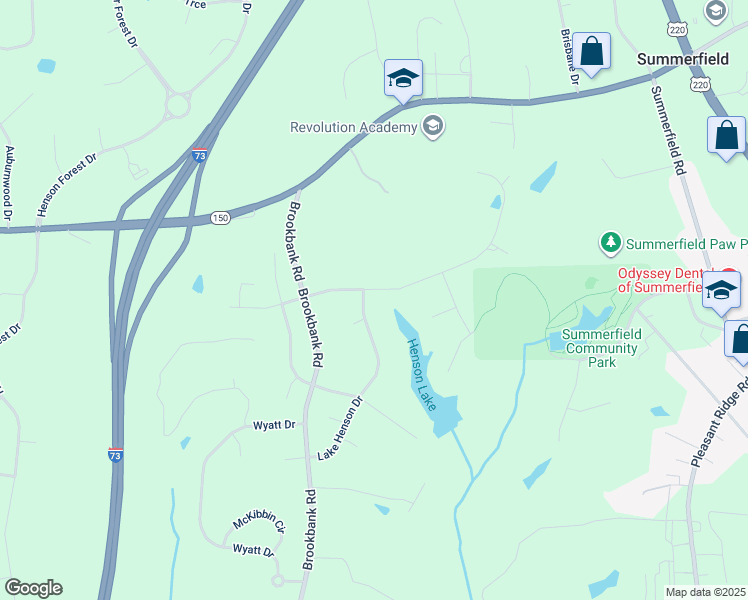 map of restaurants, bars, coffee shops, grocery stores, and more near 7110 Lake Henson Drive in Summerfield