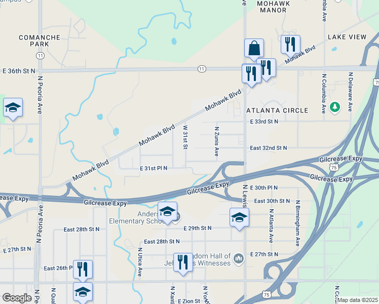 map of restaurants, bars, coffee shops, grocery stores, and more near 2101 East 32nd Street North in Tulsa