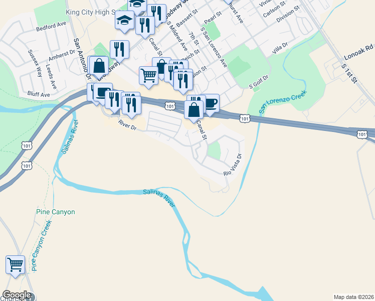 map of restaurants, bars, coffee shops, grocery stores, and more near 119 River Drive in King City