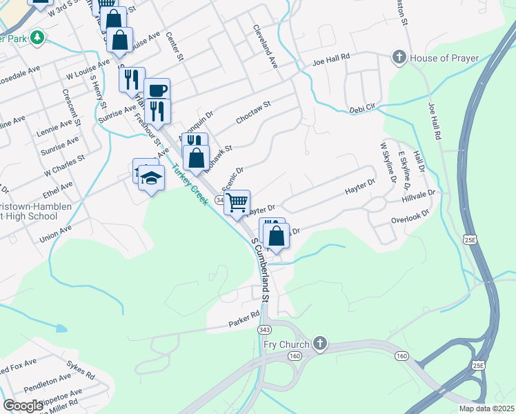 map of restaurants, bars, coffee shops, grocery stores, and more near 201 Hayter Drive in Morristown