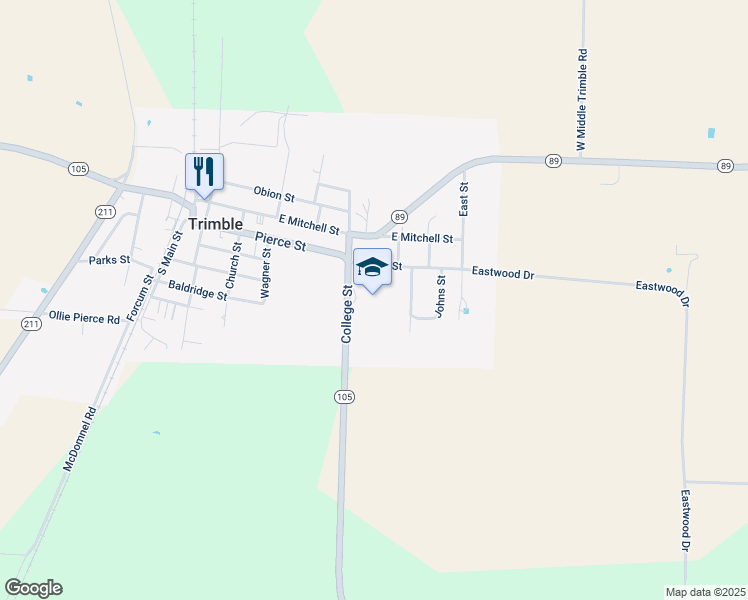 map of restaurants, bars, coffee shops, grocery stores, and more near 256 College Street in Trimble