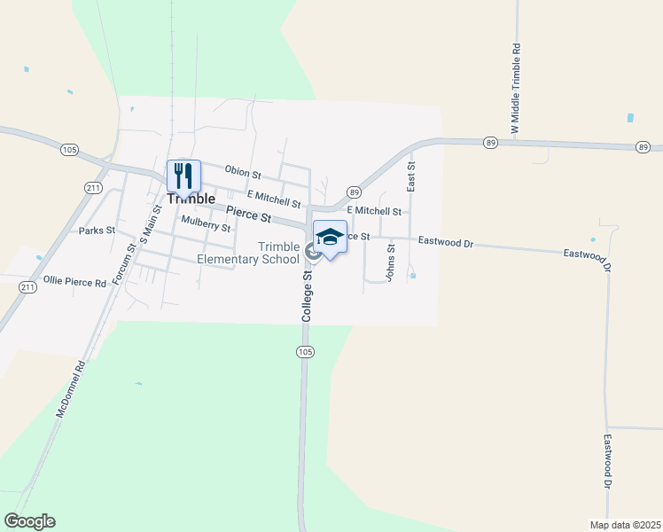 map of restaurants, bars, coffee shops, grocery stores, and more near 256 College Street in Trimble