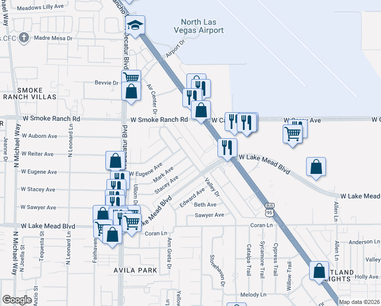 map of restaurants, bars, coffee shops, grocery stores, and more near 2236 Valley Drive in Las Vegas