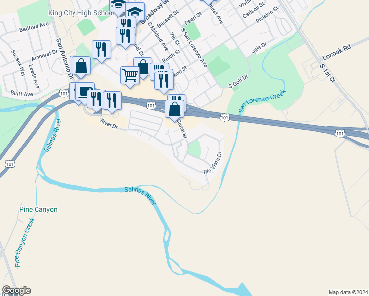 map of restaurants, bars, coffee shops, grocery stores, and more near 276 Rio Vista Drive in King City