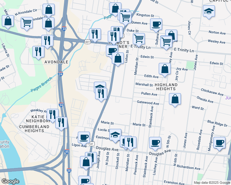 map of restaurants, bars, coffee shops, grocery stores, and more near 1505 Dickerson Pike in Nashville