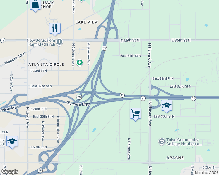 map of restaurants, bars, coffee shops, grocery stores, and more near 2917 East 32nd Street North in Tulsa