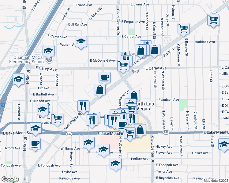 map of restaurants, bars, coffee shops, grocery stores, and more near 2250 Las Vegas Boulevard North in North Las Vegas