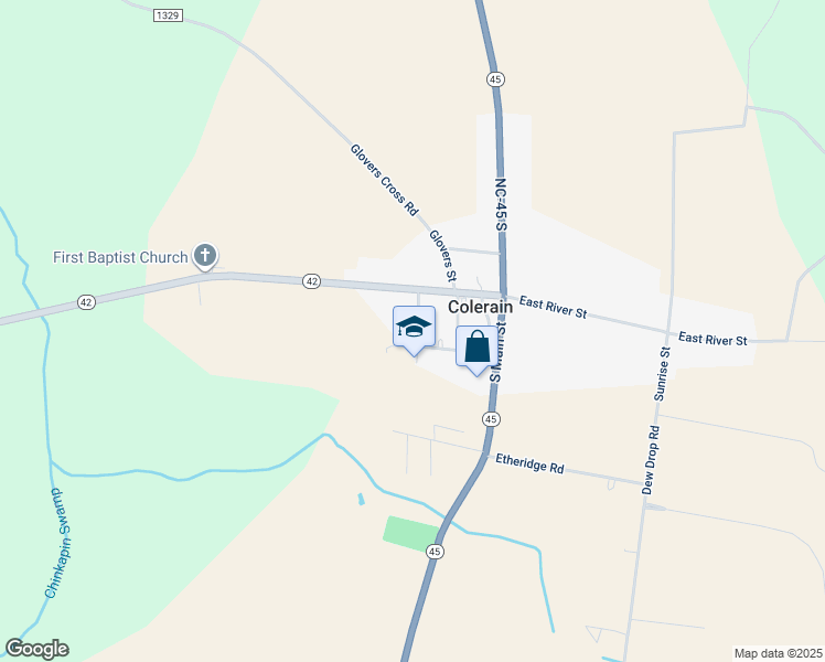 map of restaurants, bars, coffee shops, grocery stores, and more near 110 North Academy Street in Colerain
