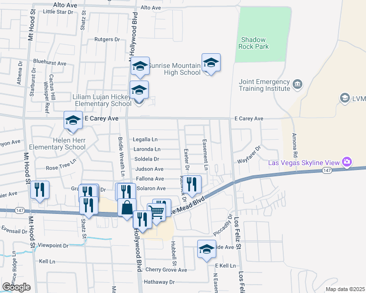 map of restaurants, bars, coffee shops, grocery stores, and more near 2293 Exeter Drive in Las Vegas
