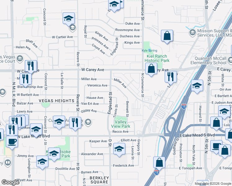 map of restaurants, bars, coffee shops, grocery stores, and more near 424 Elizabeth Avenue in North Las Vegas
