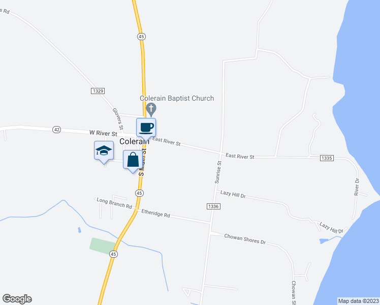 map of restaurants, bars, coffee shops, grocery stores, and more near 304 East River Street in Colerain