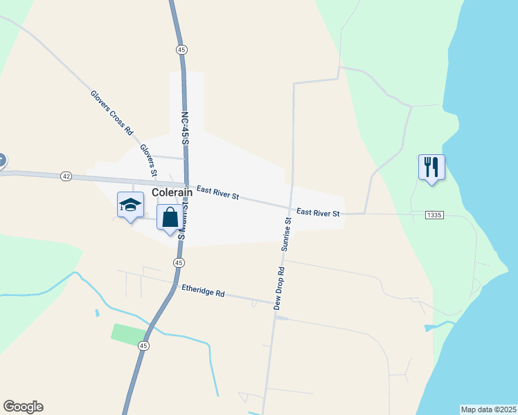 map of restaurants, bars, coffee shops, grocery stores, and more near 310 East River Street in Colerain