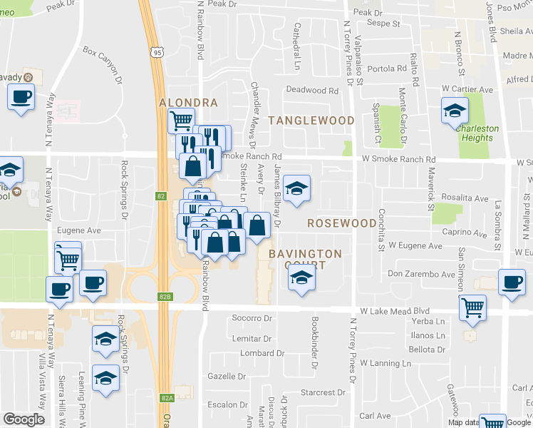 map of restaurants, bars, coffee shops, grocery stores, and more near 2216 Benmore Street in Las Vegas