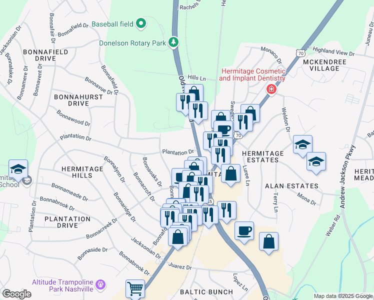 map of restaurants, bars, coffee shops, grocery stores, and more near 4028 Plantation Dr in Nashville