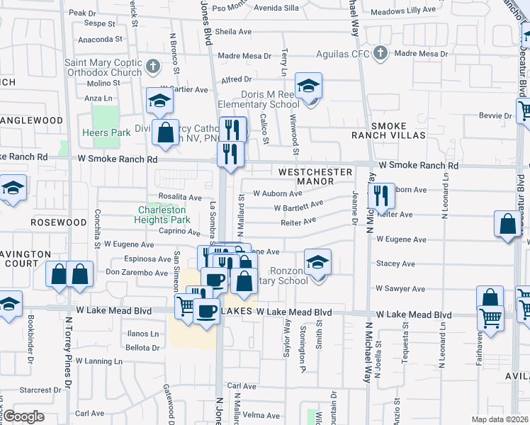 map of restaurants, bars, coffee shops, grocery stores, and more near 5816 West Bartlett Avenue in Las Vegas