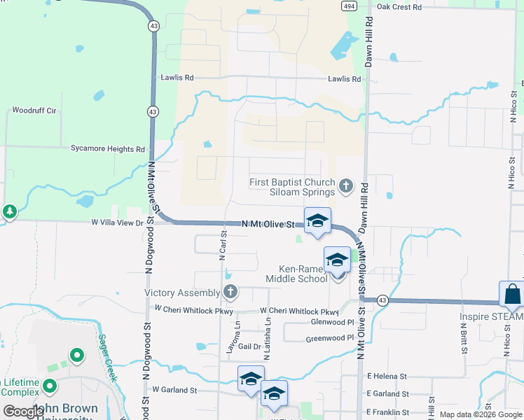 map of restaurants, bars, coffee shops, grocery stores, and more near 507 West Weymouth in Siloam Springs