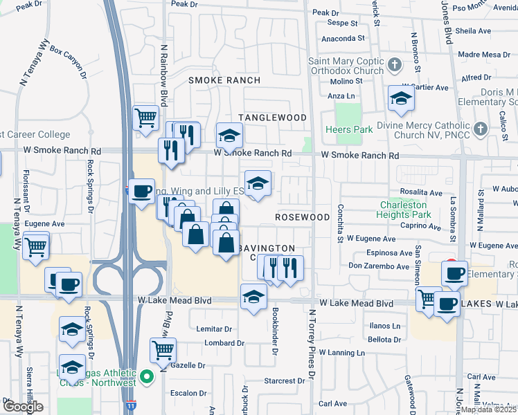 map of restaurants, bars, coffee shops, grocery stores, and more near 2200 James Bilbray Drive in Las Vegas