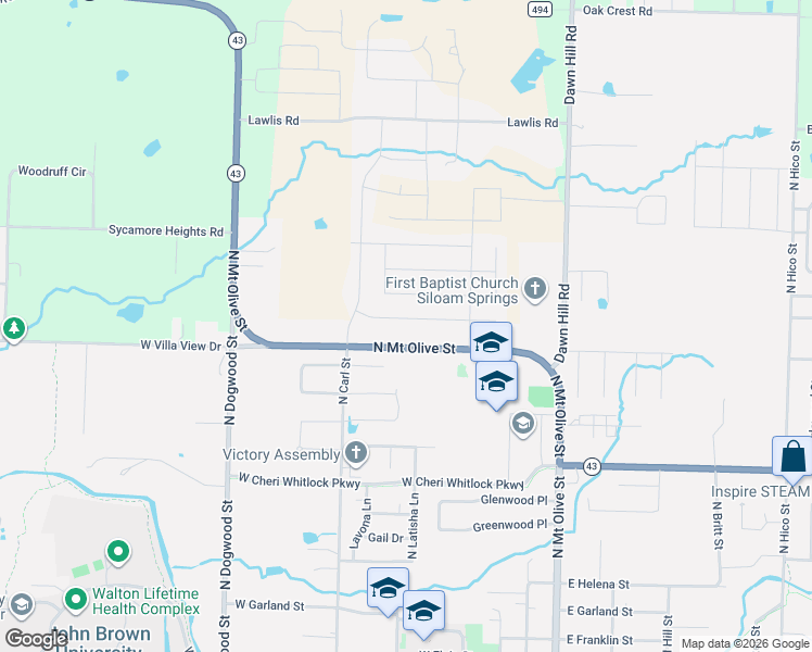 map of restaurants, bars, coffee shops, grocery stores, and more near 507 West Weymouth in Siloam Springs