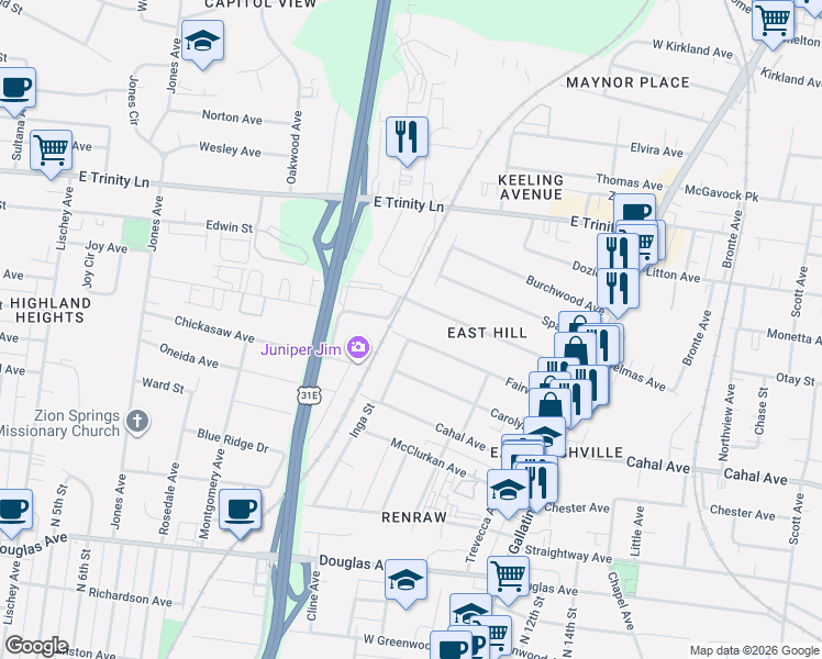 map of restaurants, bars, coffee shops, grocery stores, and more near 816 Delmas Avenue in Nashville