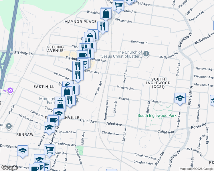 map of restaurants, bars, coffee shops, grocery stores, and more near 1720 Northview Avenue in Nashville