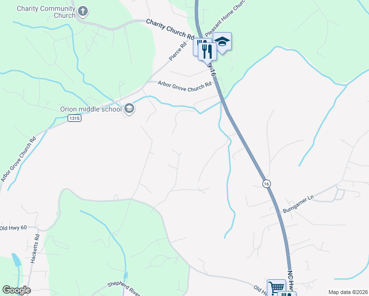 map of restaurants, bars, coffee shops, grocery stores, and more near 441 Hart Lane in Millers Creek