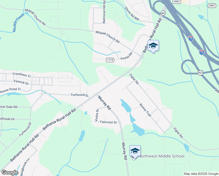 map of restaurants, bars, coffee shops, grocery stores, and more near 1335 Bethania-Rural Hall Road in Winston-Salem