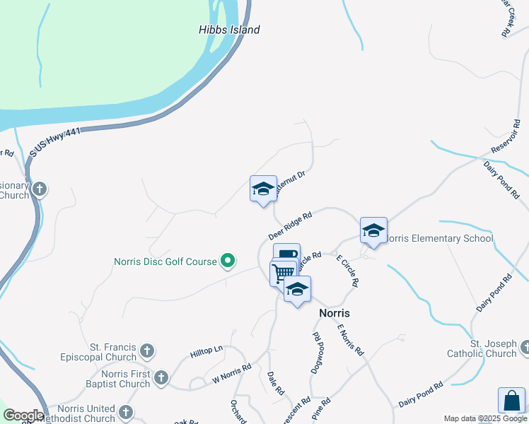 map of restaurants, bars, coffee shops, grocery stores, and more near in Norris