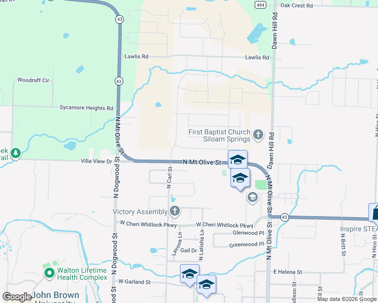 map of restaurants, bars, coffee shops, grocery stores, and more near 701 West Weymouth in Siloam Springs