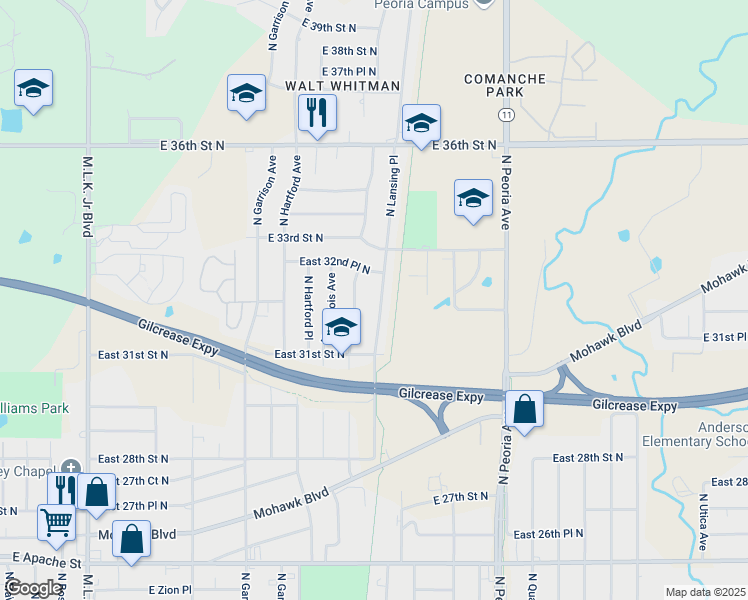 map of restaurants, bars, coffee shops, grocery stores, and more near 3167 North Lansing Place in Tulsa