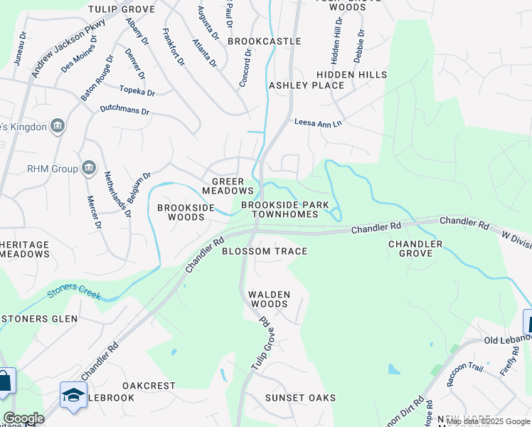 map of restaurants, bars, coffee shops, grocery stores, and more near 1001 Brookside Woods Boulevard in Nashville