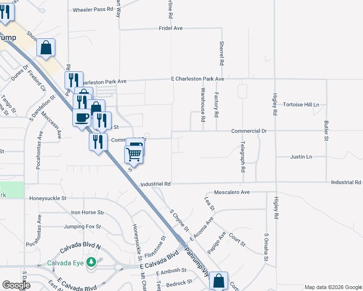 map of restaurants, bars, coffee shops, grocery stores, and more near 2530 Commercial Drive in Pahrump