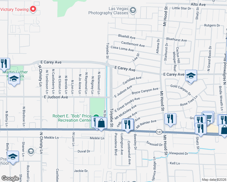 map of restaurants, bars, coffee shops, grocery stores, and more near 2258 Toiyabe Street in Las Vegas