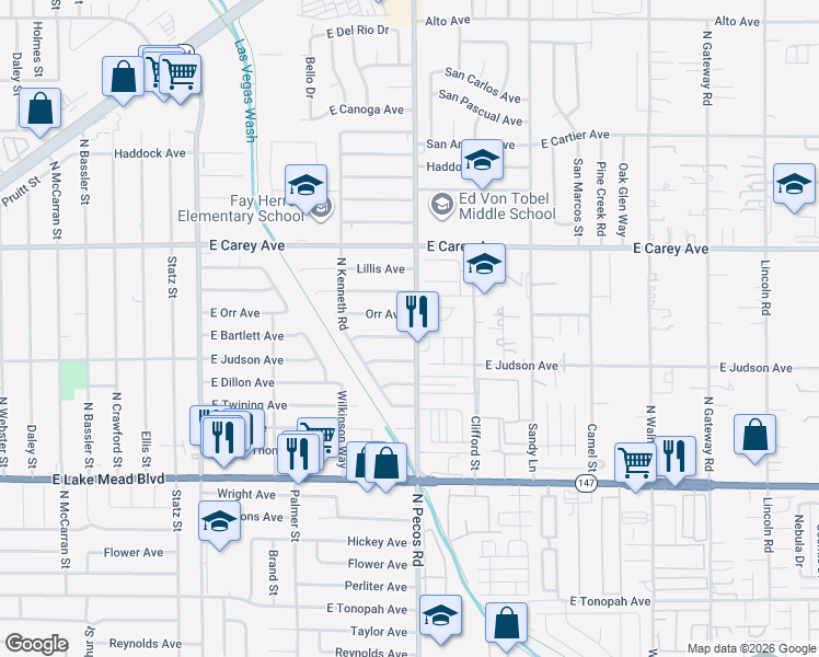 map of restaurants, bars, coffee shops, grocery stores, and more near 2260 North Pecos Road in Las Vegas