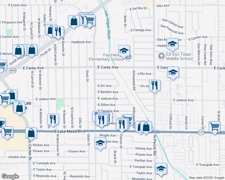 map of restaurants, bars, coffee shops, grocery stores, and more near 3301 East Orr Avenue in North Las Vegas