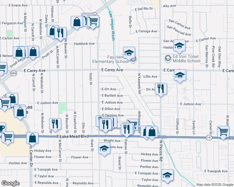 map of restaurants, bars, coffee shops, grocery stores, and more near 3301 East Orr Avenue in North Las Vegas
