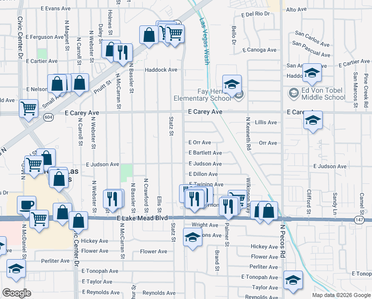 map of restaurants, bars, coffee shops, grocery stores, and more near 2233 Belmont Street in North Las Vegas