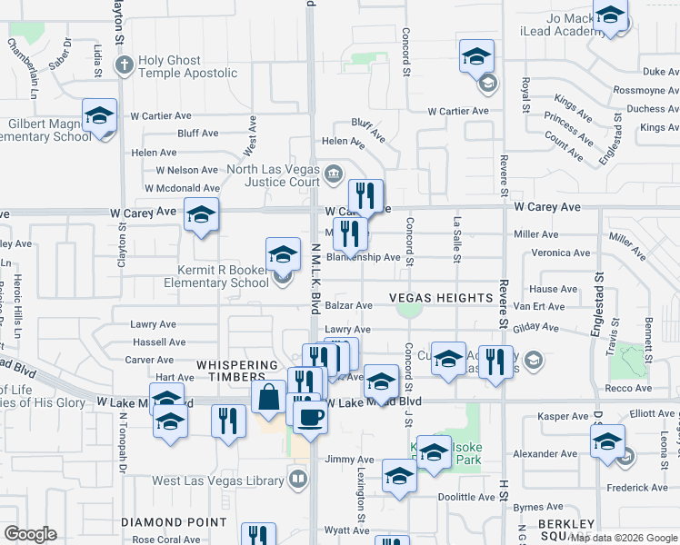 map of restaurants, bars, coffee shops, grocery stores, and more near 1401 Blankenship Avenue in Las Vegas