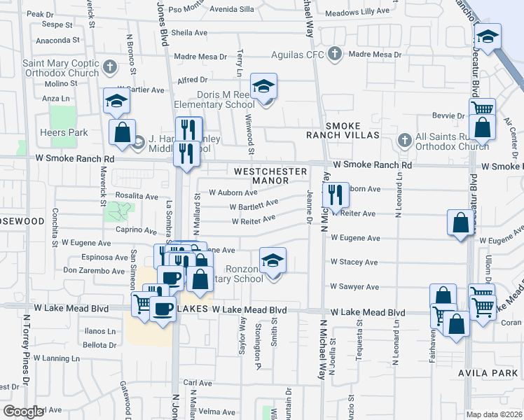 map of restaurants, bars, coffee shops, grocery stores, and more near 5613 West Bartlett Avenue in Las Vegas