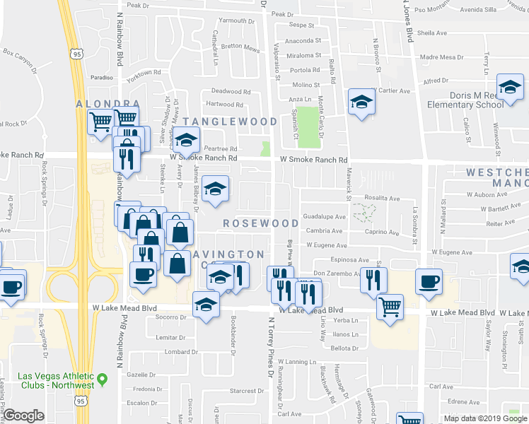 map of restaurants, bars, coffee shops, grocery stores, and more near 2213 Tall Pine Drive in Las Vegas