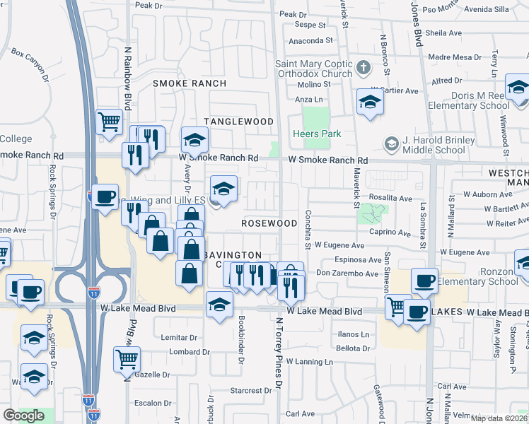 map of restaurants, bars, coffee shops, grocery stores, and more near 2212 Silver Pine Drive in Las Vegas
