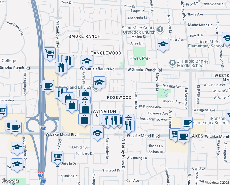 map of restaurants, bars, coffee shops, grocery stores, and more near 2212 Silver Pine Drive in Las Vegas