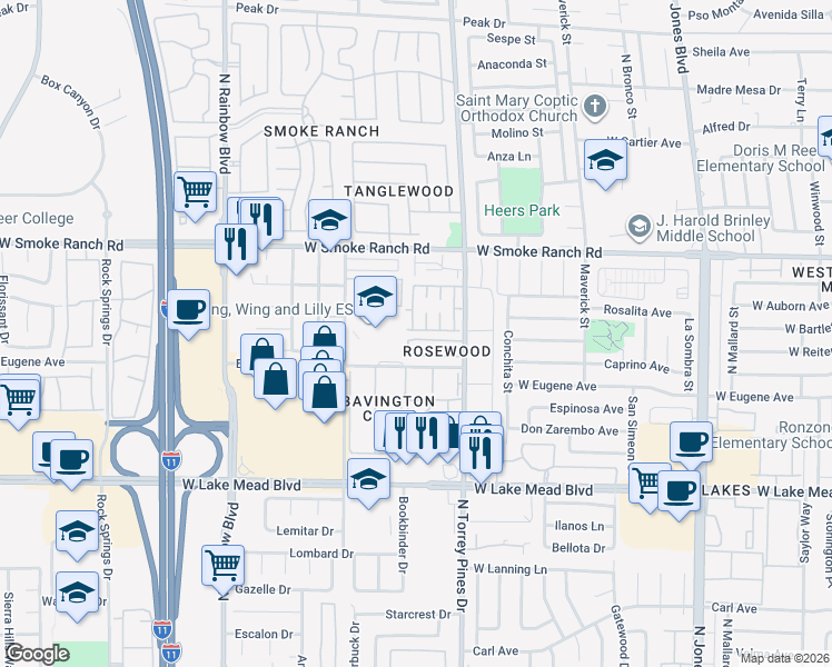 map of restaurants, bars, coffee shops, grocery stores, and more near 2212 Silver Pine Drive in Las Vegas