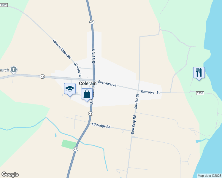 map of restaurants, bars, coffee shops, grocery stores, and more near 206 East River Street in Colerain